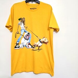 y2k AKOO men's Medium Pit Bull Graphic Streetwear Hip Hop T Shirt Mustard Yellow